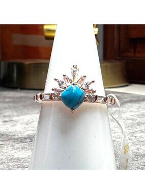 Ring Bomb Party Ring, size 7, turquoise blue, rose gold band, CZ type accents